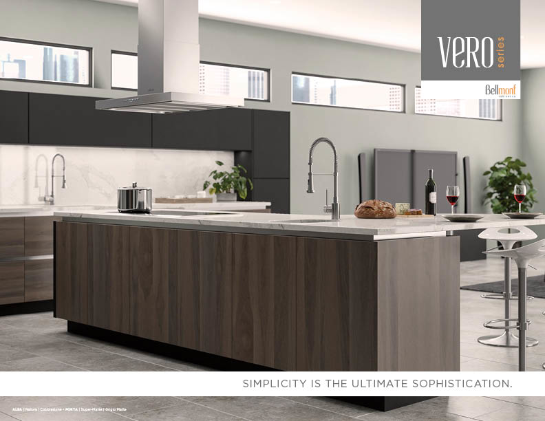 Clean, modern kitchen with the words "Simplicity is the Ultimate Sophistication."